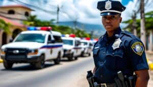 Dominican Police officer standing on street with patrol vehicles.