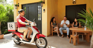 Delivery scooter approaching group sitting outside home