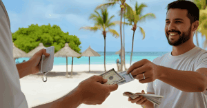 Dominican man accepting a tip on a tropical beach