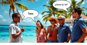 Folks on the beach with speech bubbles speaking Dominican slang.