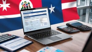 a modern office with Dominican Republic tax documents, calculator, laptop