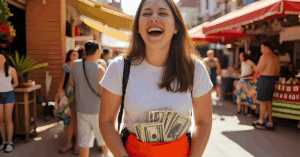 woman tourist with fanny pack spilling money