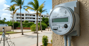 Smart electricity meter on building wall outdoors.