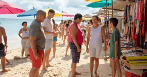 People browsing beach market negotiating with vendors