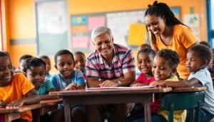 American man helping out teaching children English in the Dominican Republic
