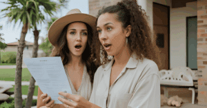 Surprised women reading an electricity bill outdoors.