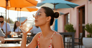 Woman sipping water outdoors under umbrellas