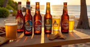 variety of beer bottles on a wooden table with tropical Dominican beach background