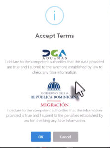 Accept terms for Dominican Republic Customs and Immigration.