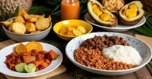 colorful spread of traditional Dominican dishes