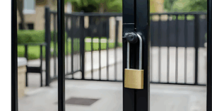 Metal gate secured with a heavy-duty padlock.