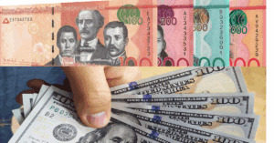 Dominican pesos and US dollars banknotes displayed.