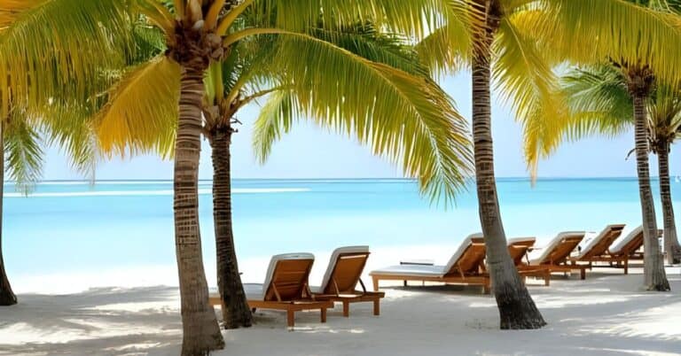 Bávaro Beach showing a perfect shaded spot under palm trees with comfortable lounge chairs