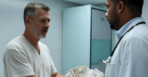 sick man handing money to a doctor