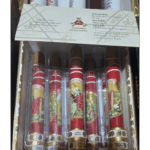 Assorted cigars in colorful packaging.