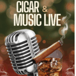 Cigar, microphone, whiskey; live music event promotion.