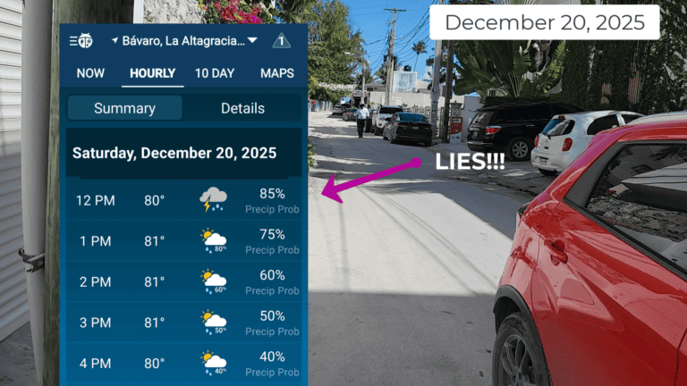 Sunny street contradicts rainy forecast on December 20, 2025.