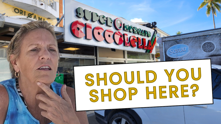 Grocery store exterior with questioning shopper