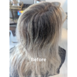 Dark roots with light blonde hair 'before' transformation.