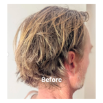 Person's hair before haircut, side view.