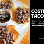 Costra tacos with flank steak and green chili.