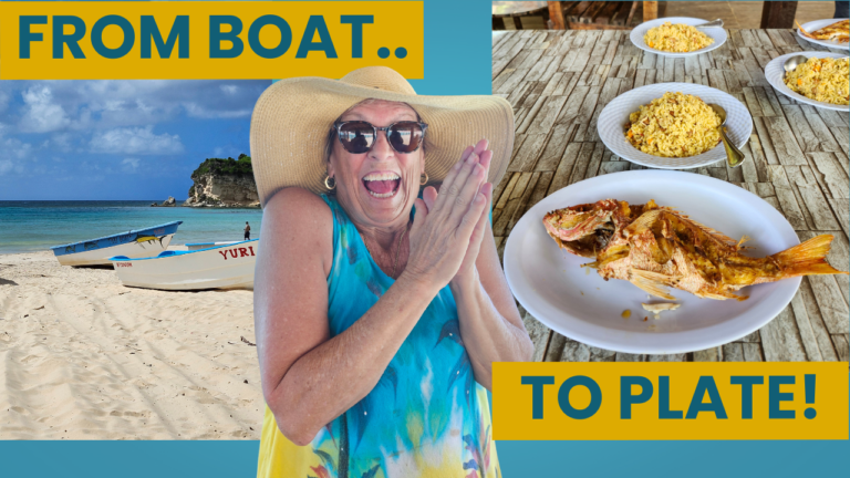 Excited woman, beach boats, prepared fish meal
